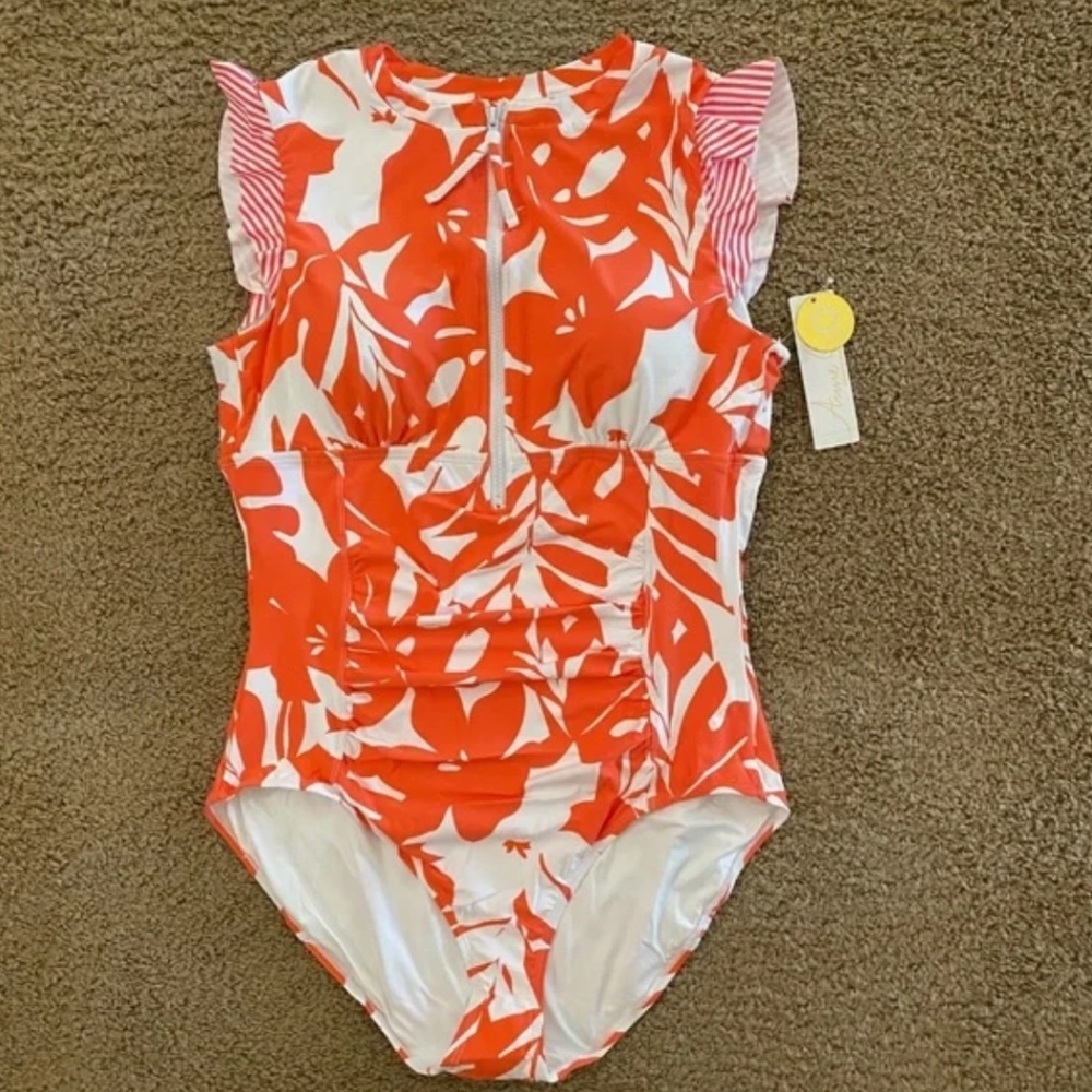 Anne Cole Flutter Sleeve Zip Up One Piece Swimsuit